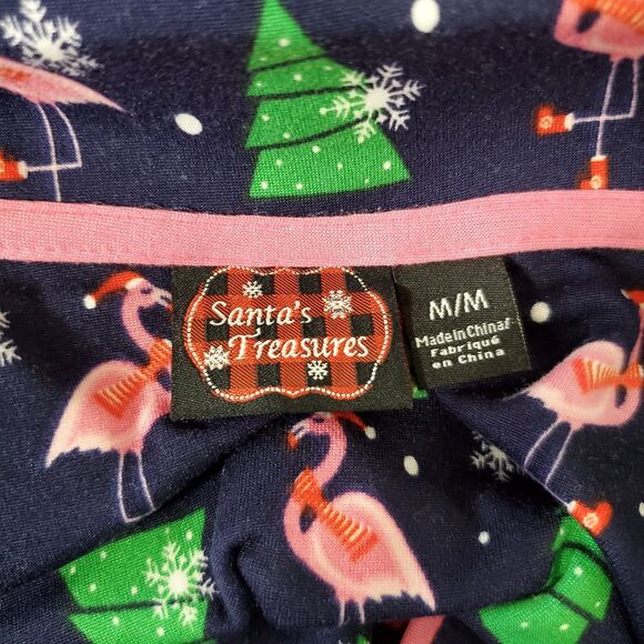 Santa’s Treasures Christmas Shorts Pajamas Size Medium Blue Flamingo Xmas Tree - Picture 8 of 11